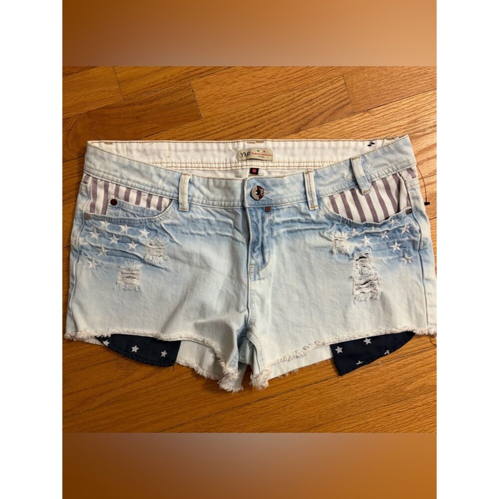 Y2K YMI Americana Stars & Stripes Light Blue Distressed Denim Mini Shorts